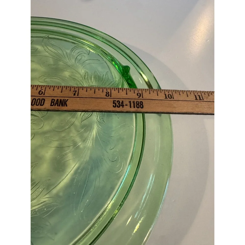 Vintage Uranium Depression Glass Cake Plate Floral Pattern Footed Glows Under UV